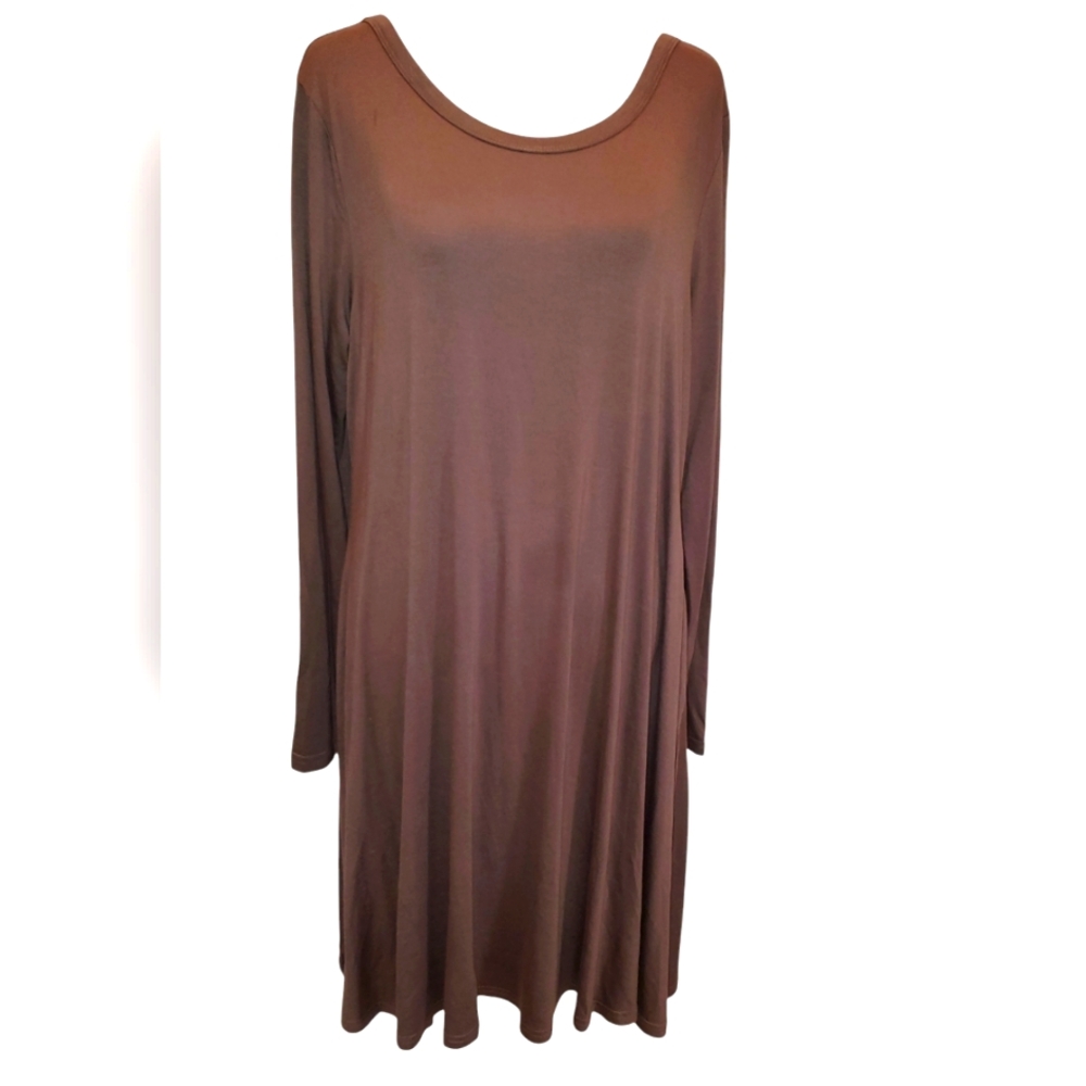 Long Sleeve Neutral Tan Taupe Jersey Knit A Line Dress Size XL with Pockets